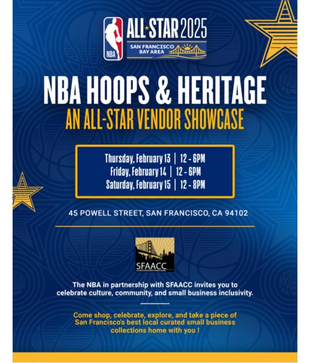 La NBA se alió con el San Francisco African American Chamber of Commerce para lanzar el programa Hoops & Heritage: The NBA All-Star Showcase, para celebrar la cultura, comunidad y la inclusividad con más de 30 pequeños negocios