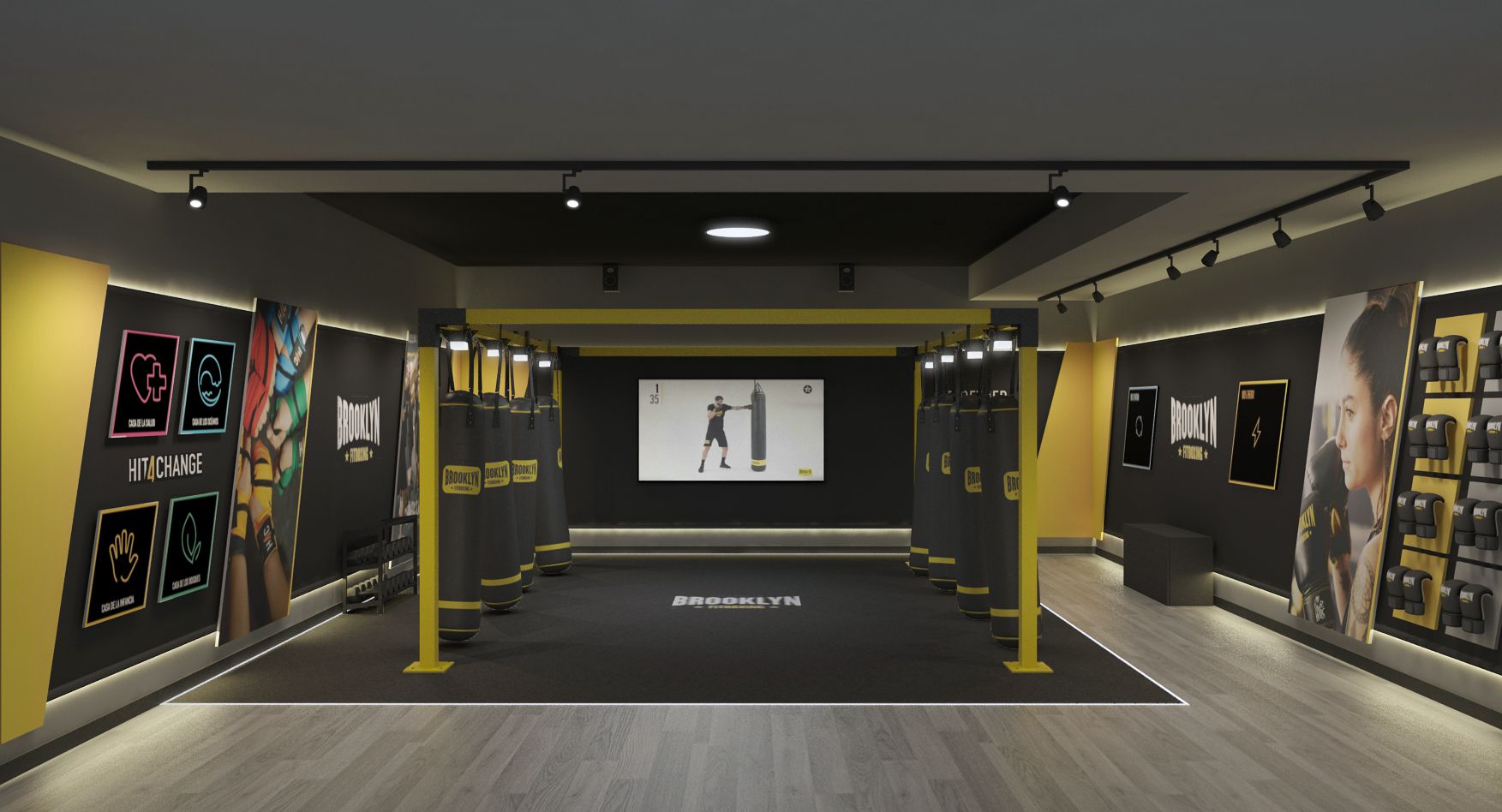 Render de un centro con el formato Brooklyn Fitboxing Go