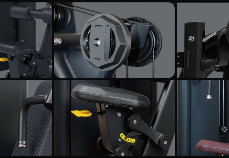 Detalles de la serie SP-50 palancas de ajuste de metal, cable fabricado en Estados Unidos, poleas de aluminio, empuñaduras antideslizantes, asiento con ajuste asistido por gas y tapizado opcional en burdeos. Imágenes Spirit Fitness. Detalles de la serie SP-50 palancas de ajuste de metal, cable fabricado en Estados Unidos, poleas de aluminio, empuñaduras antideslizantes, asiento con ajuste asistido por gas y tapizado opcional en burdeos. Imágenes Spirit Fitness.